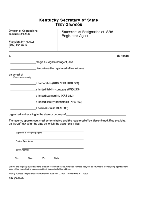 Fillable Statement Of Resignation Of Registered Agent Form - Kentucky Secretary Of State Printable pdf