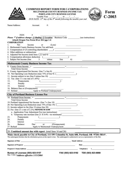 Form C-2003 - Combined Report Form For C-Corporations - Multnomah County Business Income Tax Printable pdf