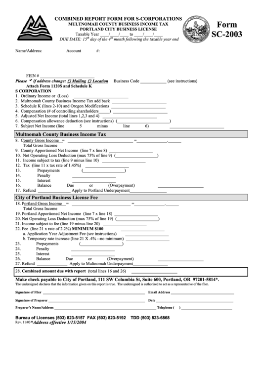 Form Sc-2003 - Combined Report Form For S-Corporations - 2003 Printable pdf