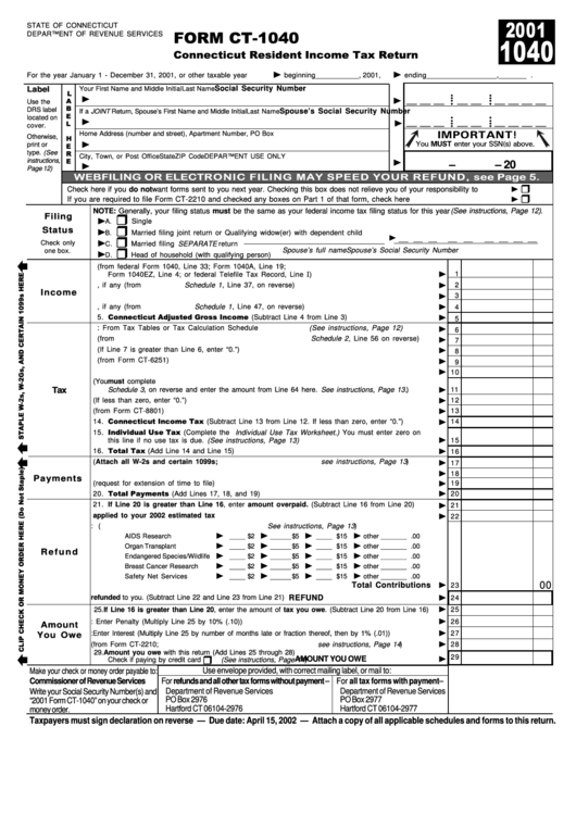 Form Ct-1040x - Amended Connecticut Income Tax Return For Individuals - 2001 Printable pdf