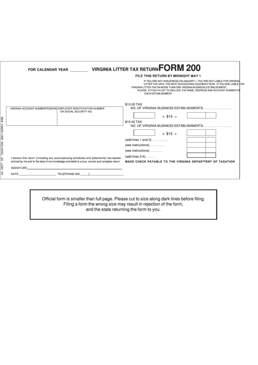 Form 200 - Virginia Litter Tax Return With Instructions - 1998 Printable pdf