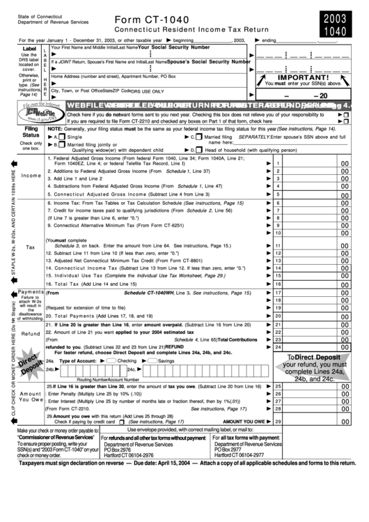 Form Ct-1040 - Connecticut Resident Income Tax Return - 2003 Printable pdf
