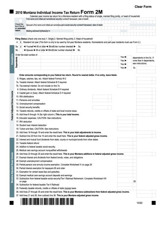 Fillable Form 2m 2010 Montana Individual Income Tax Return Printable 