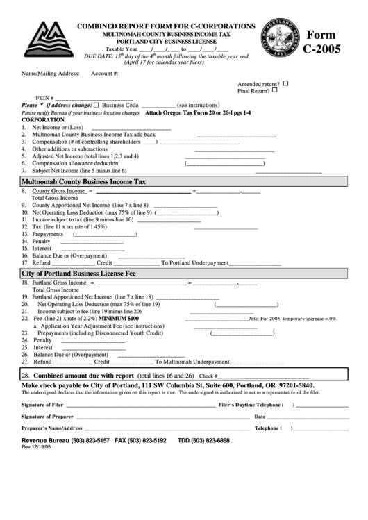 Form C-2005 - Combined Report Form For C-Corporations - 2005 Printable pdf