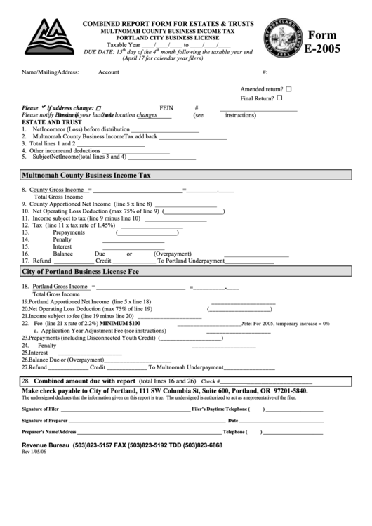 Form E-2005 - Combined Report Form For Estates & Trusts - Multnomah County Business Income Tax Printable pdf