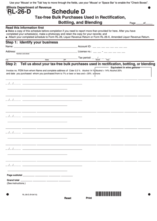 Fillable Form Rl-26-D - Schedule D - Tax-Free Bulk Purchases Used In Rectification, Bottling, And Blending - 2010 Printable pdf