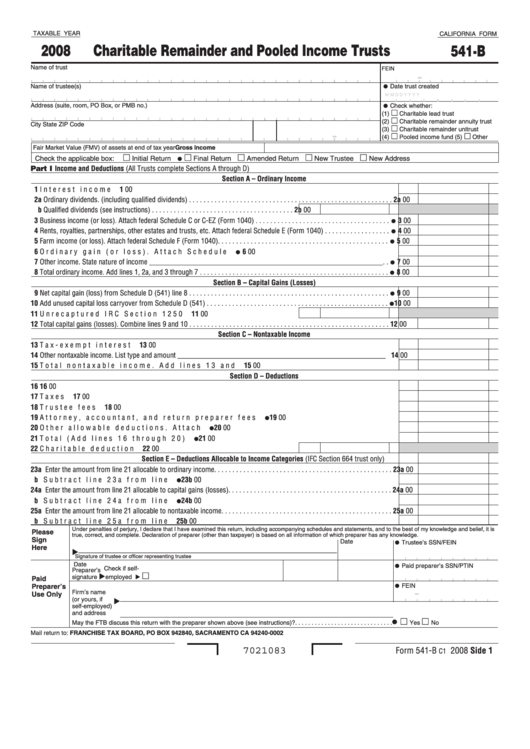 Fillable California Form 541-B - Charitable Remainder And Pooled Income Trusts - 2008 Printable pdf