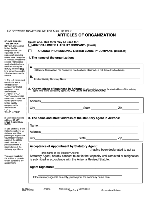 Ll004 - Articles Of Organization (Arizona Limited Liability Company) - Arizona Corporation Commission (2011) Printable pdf
