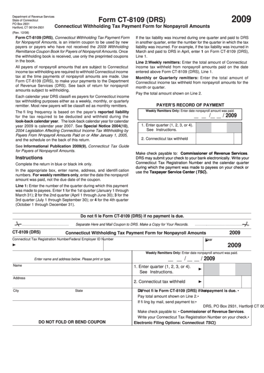 Form Ct-8109 (Drs) - Connecticut Withholding Tax Payment Form For Nonpayroll Amounts Printable pdf