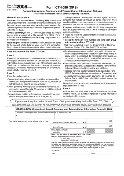 Form Ct-1096 (Drs) - Connecticut Annual Summary And Transmittal Of Information Returns - 2006 Printable pdf