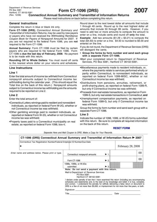 Fillable Form Ct-1096 (Drs) - Connecticut Annual Summary And Transmittal Of Information Returns - 2007 Printable pdf