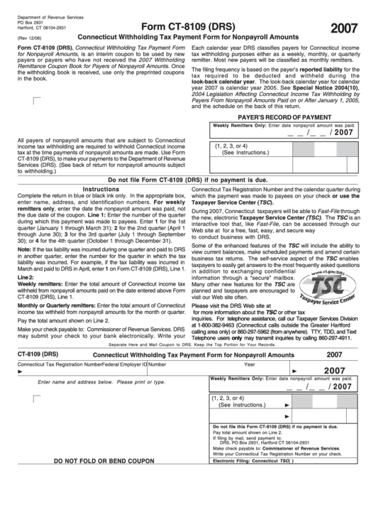 Form Ct-8109 (drs) - Connecticut Withholding Tax Payment Form For Nonpayroll Amounts