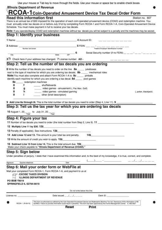 Fillable Form Rcoa-1 - Coin-Operated Amusement Device Tax Decal Order Form - 2010 Printable pdf