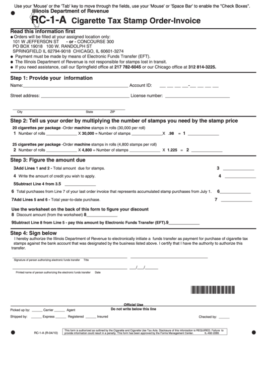 Fillable Form Rc-1-A - Cigarette Tax Stamp Order-Invoice - Illinois Printable pdf