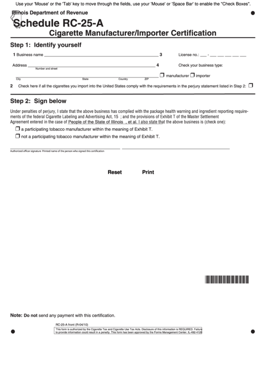 Fillable Schedule Rc-25-A - Cigarette Manufacturer/importer Certification Form - 2010 Printable pdf