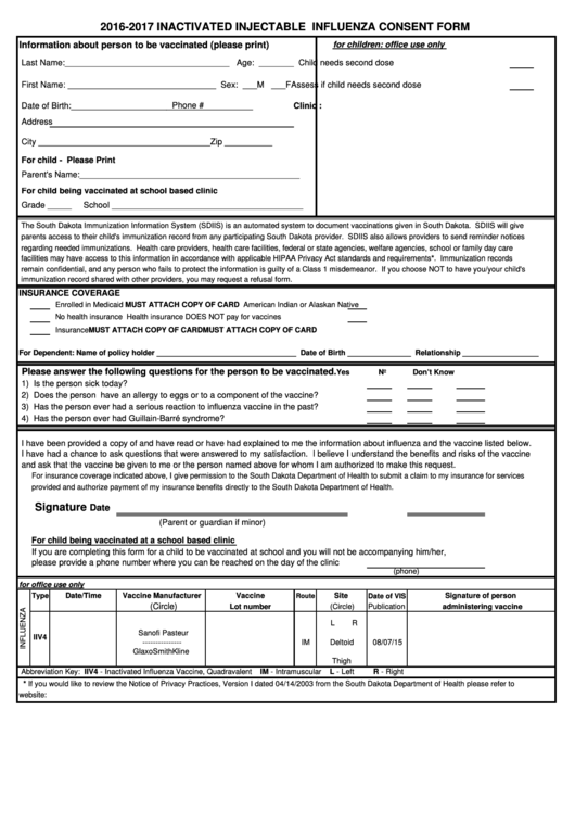 2016-2017 Inactivated Injectable Influenza Consent Form Printable pdf