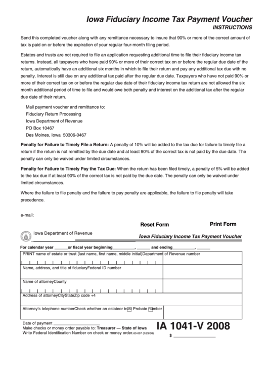 Fillable Form Ia 1041-V - Iowa Fiduciary Income Tax Payment Voucher - 2008 Printable pdf