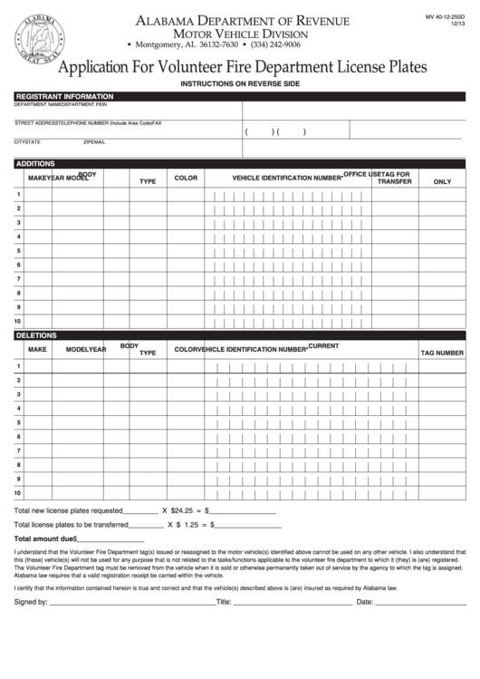 Application Form For Volunteer Fire Department License Plates
