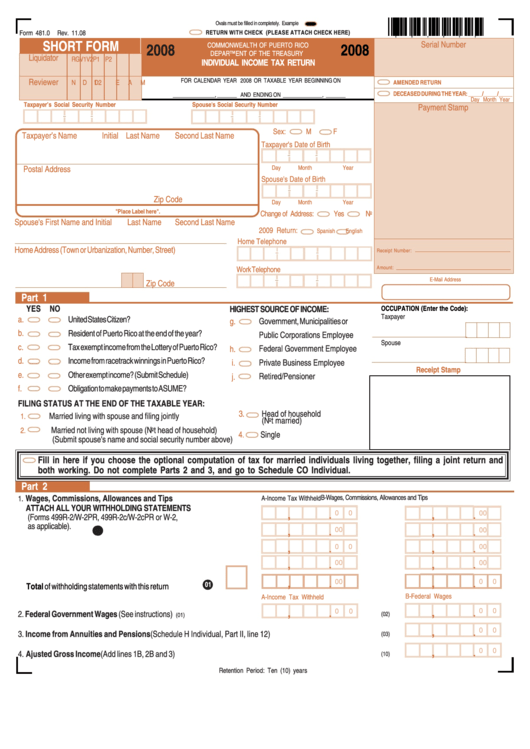 Form 481.0 - Individual Income Tax Return - 2008 Printable pdf