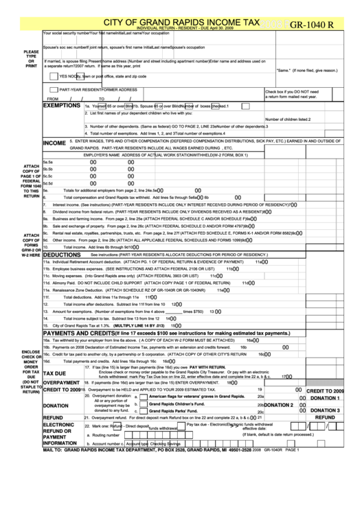 Form Gr-1040 R - City Of Grand Rapids Income Tax - 2008 Printable pdf
