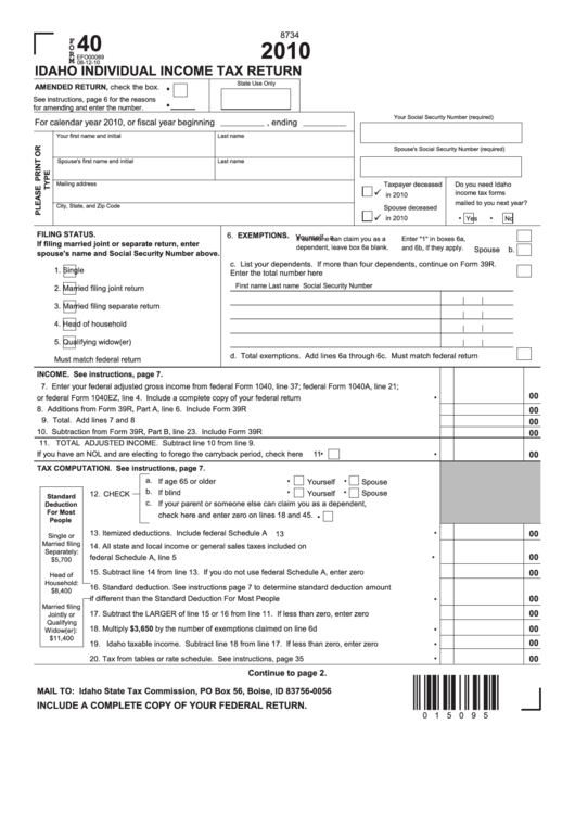 Form 40 - Idaho Individual Income Tax Return - 2010 Printable pdf