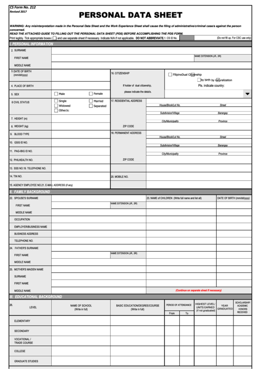 Personal Data Sheet Template Printable pdf