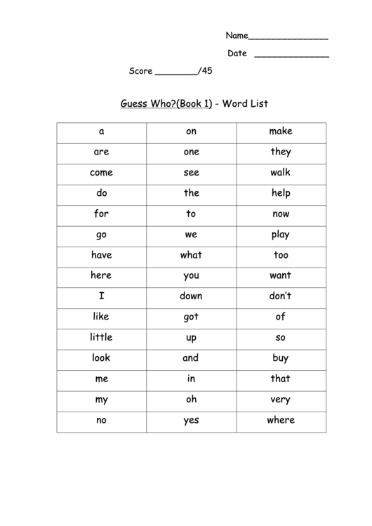 Guess Who - Word List Template Printable pdf