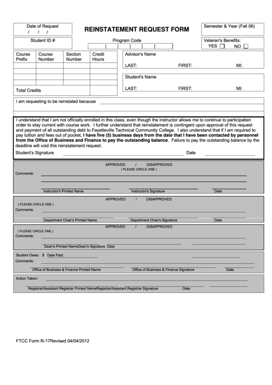 Fillable Form R-17 - Reinstatement Request Form - Fayetteville Technical Community College Printable pdf