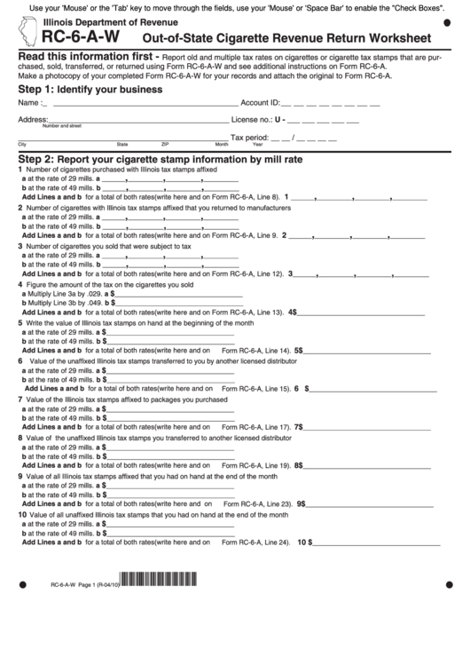 Fillable Form Rc-6-A-W - Out-Of-State Cigarette Revenue Return Worksheet 2010 Printable pdf