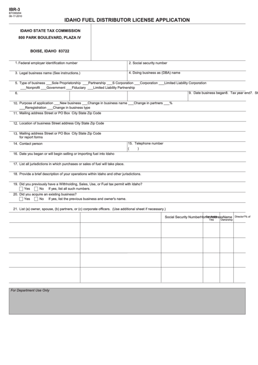 Form Ibr-3 - Idaho Fuel Distributor License Application - 2010 Printable pdf