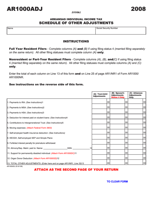 Fillable Form Ar1000adj - Schedule Of Other Adjustments - Arkansas 2008 Printable pdf