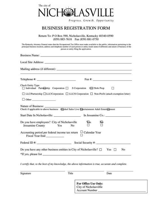 Business Registration Form Nicholasville, Kentucky printable pdf download