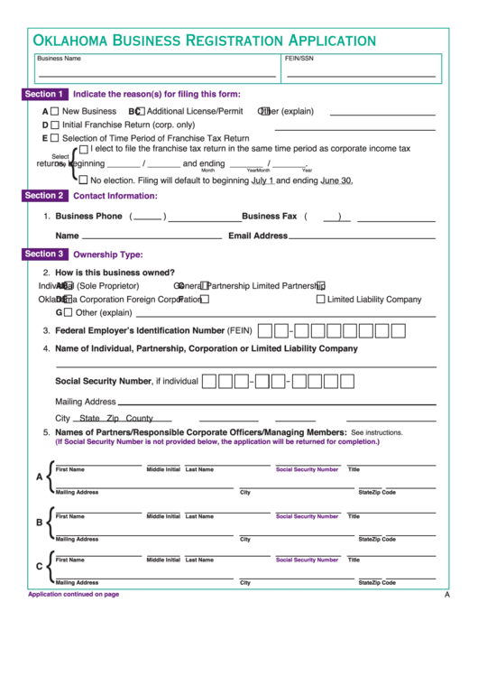 Fillable Oklahoma Business Registration Application Printable pdf