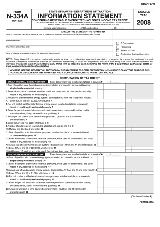 Fillable Form N-334a - Information Statement - 2008 Printable pdf
