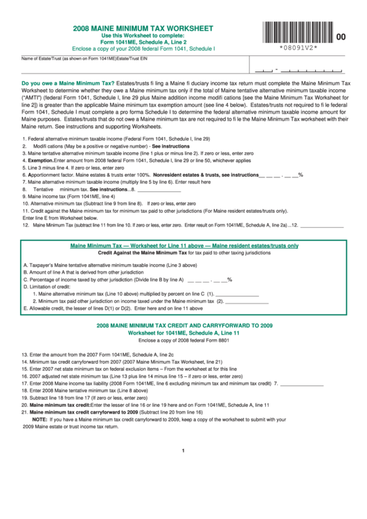 Maine Minimum Tax Worksheet - 2008 Printable pdf