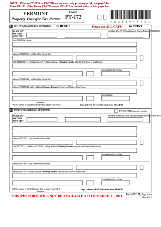Fillable Form Pt-172 - Property Transfer Tax Return - Vermont Printable pdf