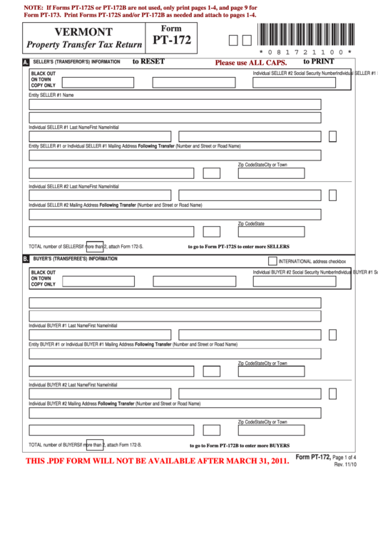 Fillable Form Pt 172 Property Transfer Tax Return Vermont Printable 