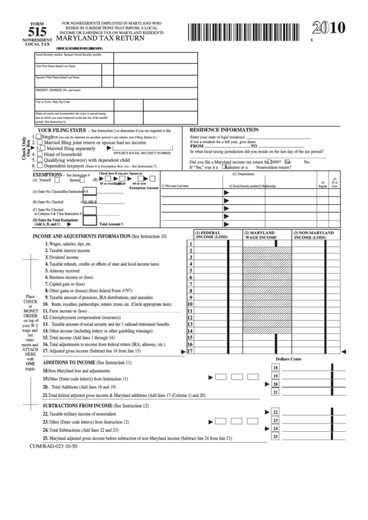 Fillable Form 515 - Maryland Tax Return - 2010 Printable pdf