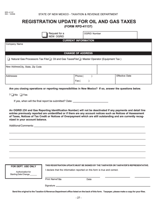 Form Rpd-41137 - Registration Update For Oil And Gas Taxes Printable pdf