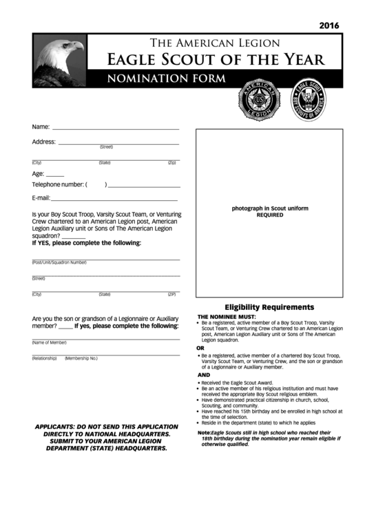 Fillable Eagle Scout Of The Year Nomination Form Printable pdf