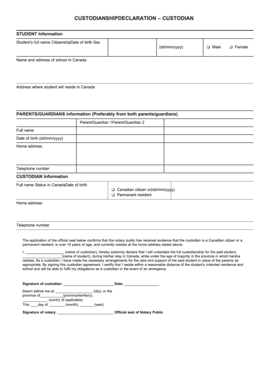 Fillable Custodianship Declaration Form - Custodian (Fillable) Printable pdf