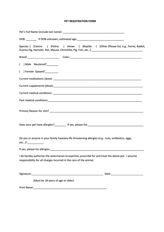 Pet Registration Form printable pdf download
