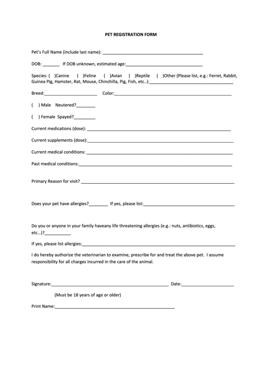 Pet Registration Form Printable Pdf Download