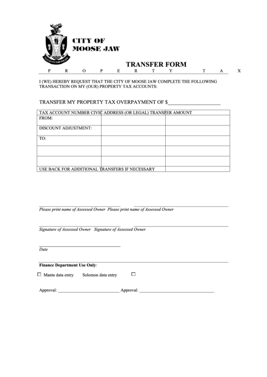 Property Tax Transfer Request Form - City Of Moose Jaw Printable pdf
