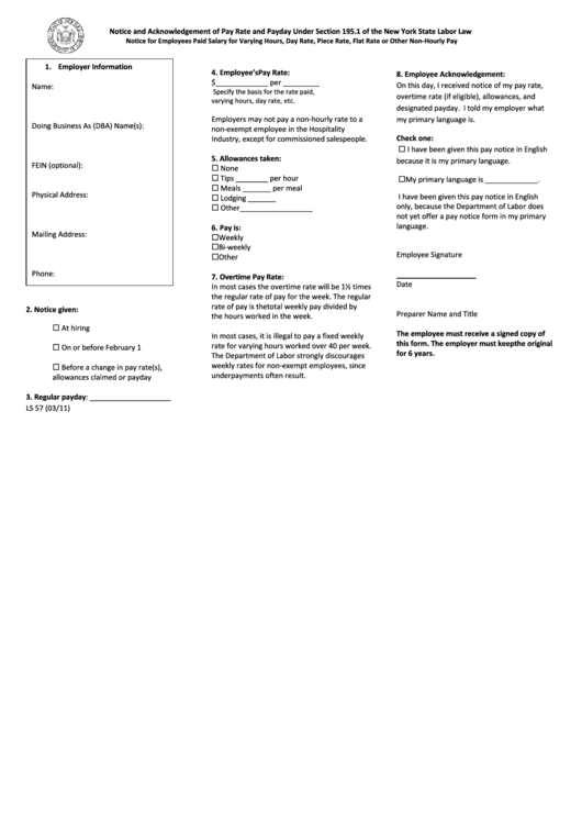 Fillable Form Ls 57 - Notice And Acknowledgement Of Pay Rate And Payday Printable pdf