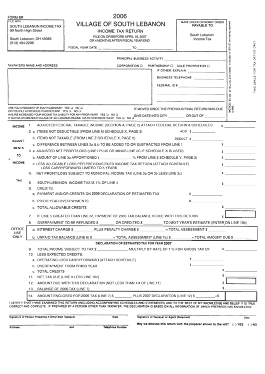 Form Br - Income Tax Return Form - 2006 - Village Of South Lebanon Printable pdf
