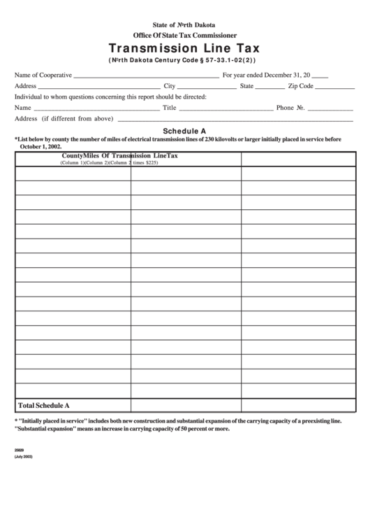 Fillable Transmission Line Tax Form - State Of North Dakota - Office Of State Tax Commissioner Printable pdf