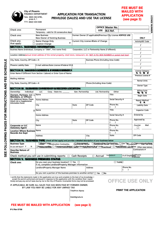 Fillable Form If-2 - Application For Transaction Privilege (Sales) And Use Tax License Printable pdf