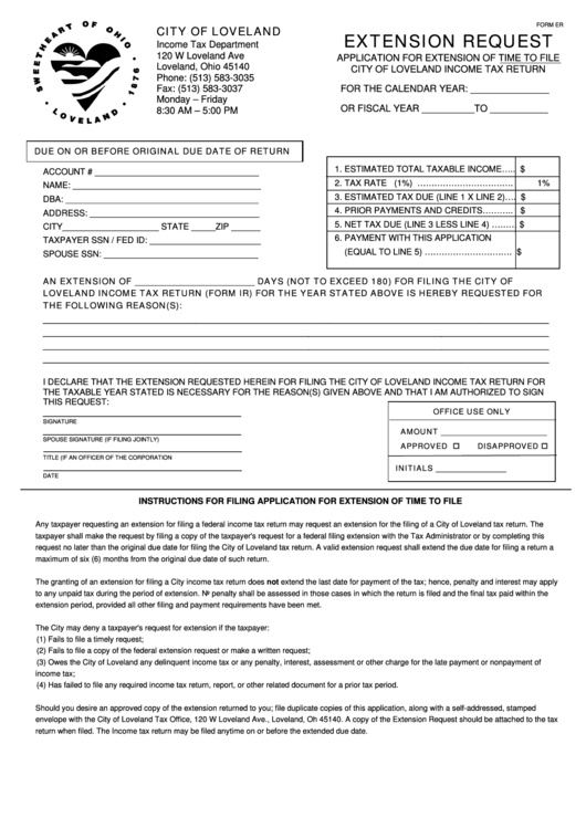 Form Er - Extension Request Form - City Of Loveland - Income Tax Department Printable pdf