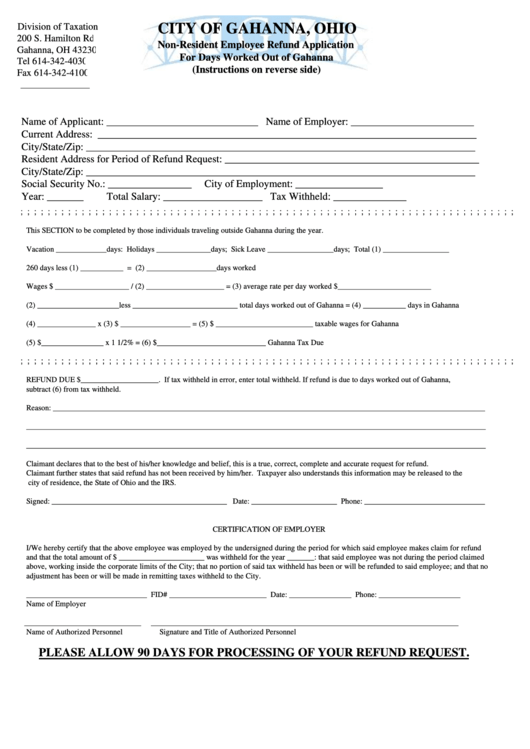 Non-Resident Employee Refund Application Form For Days Worked Out Of Gahanna - Ohio - Division Of Taxation Printable pdf